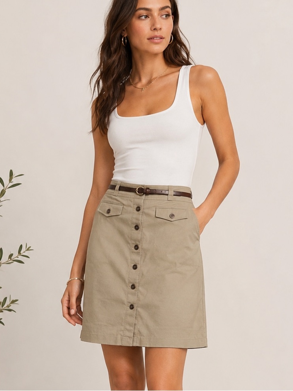 Christopher & Banks Tan Button-Front Midi Skirt